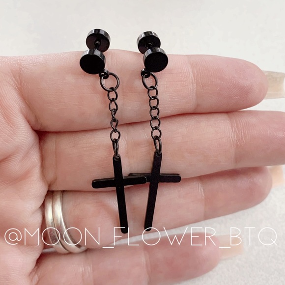 Black Stainless Steel Cross Barbell Earrings - Picture 2 of 7